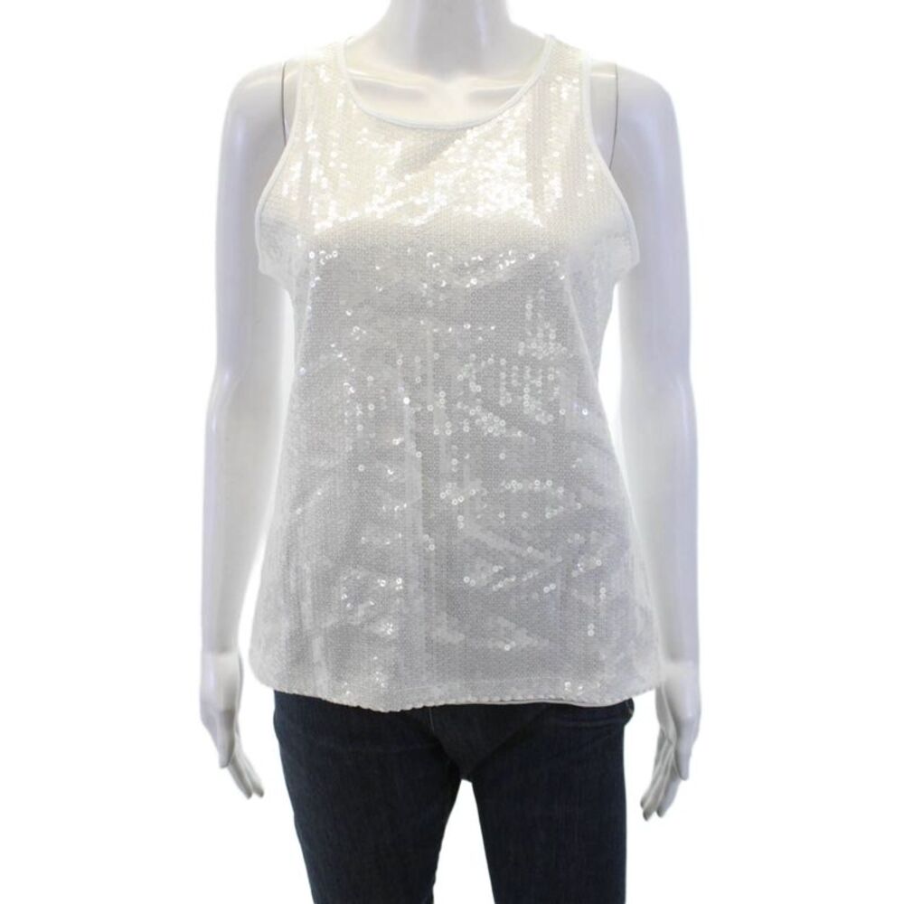 Marella Sport Womens Sequined Terzo Tank Top White Cotton Size Medium